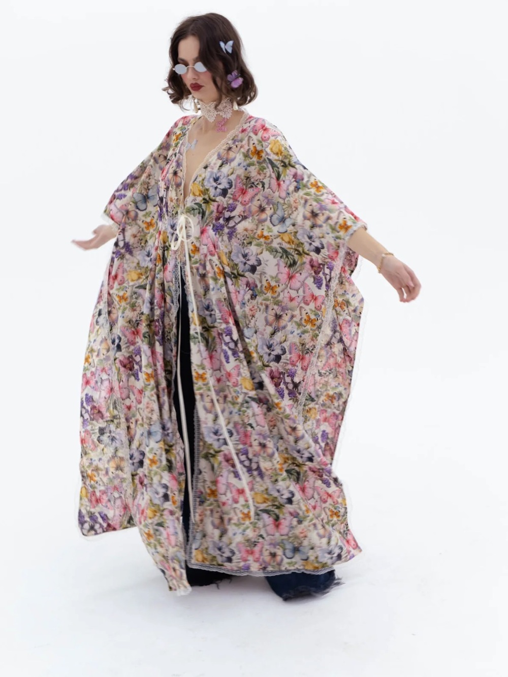 Selkie Butterfly Botanics Poncho Colorful Cotton Gauze Lace M NWT
